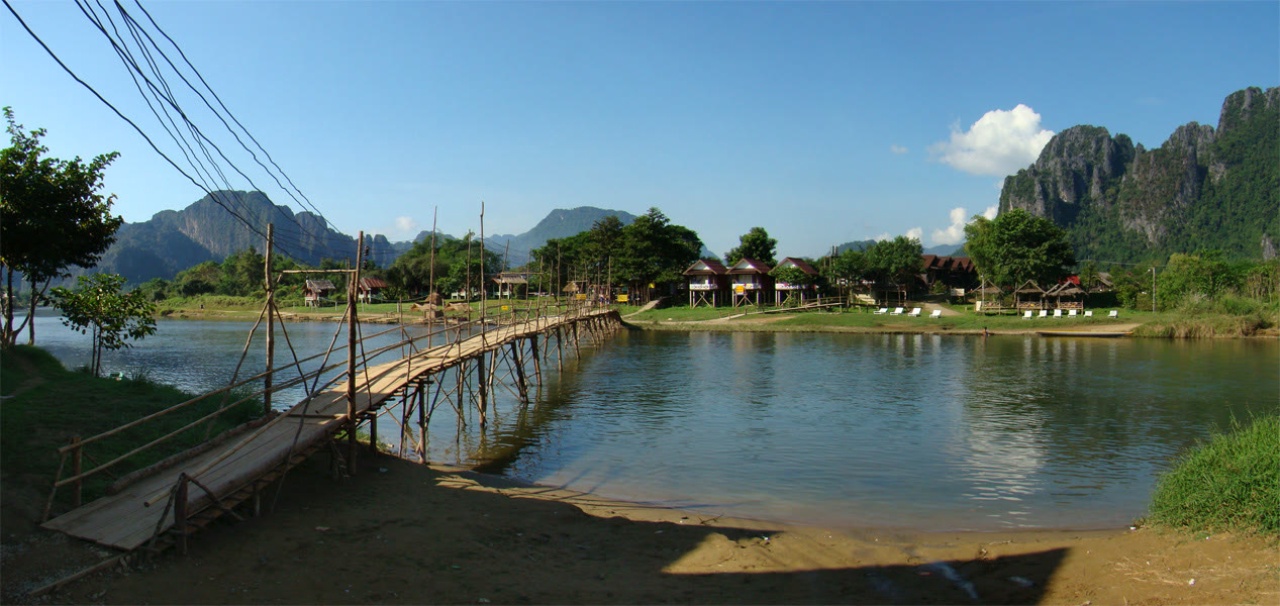 The Nam Song River with a wooden footbridge and limestone peaks