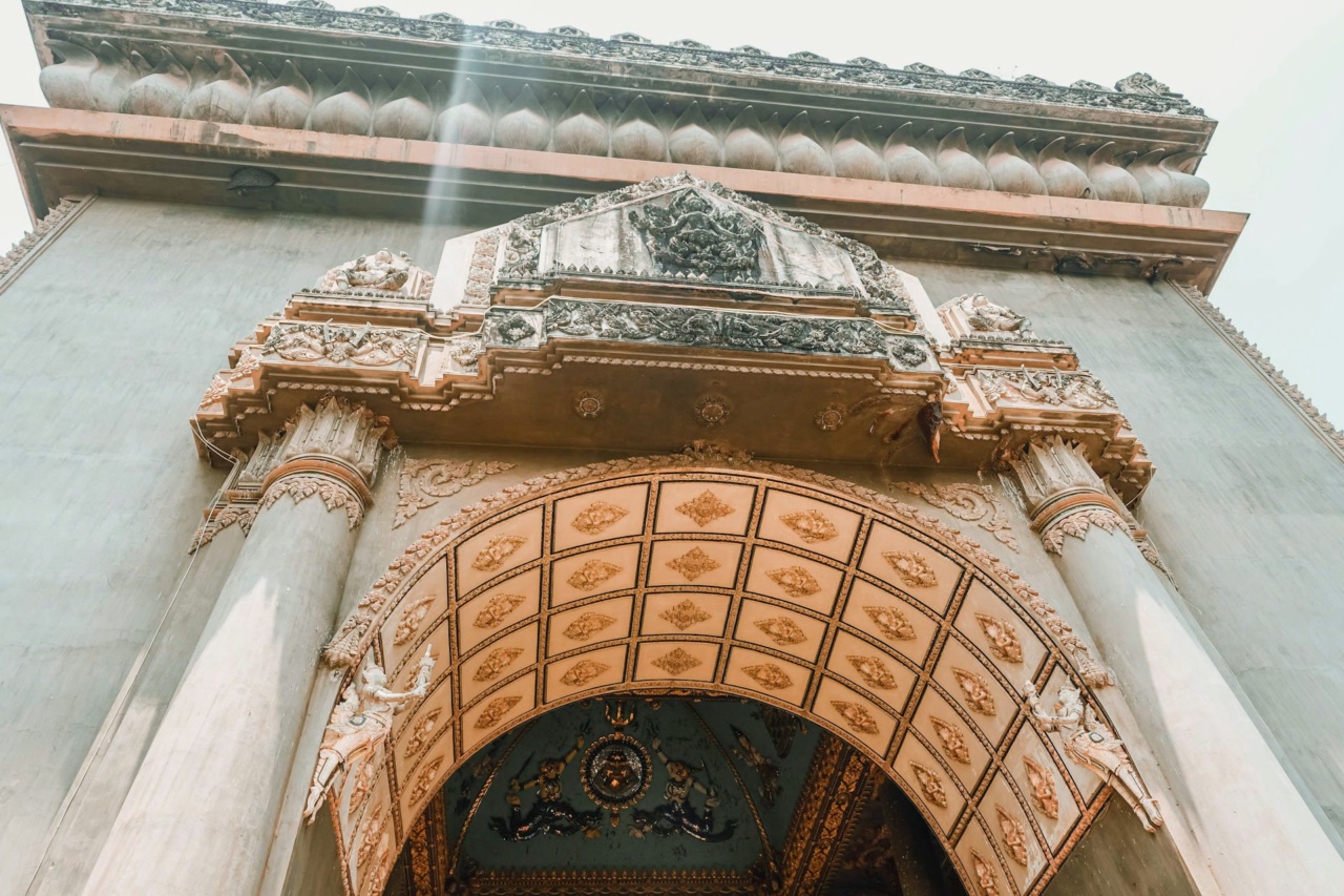 Looking up into an arch of Patuxai