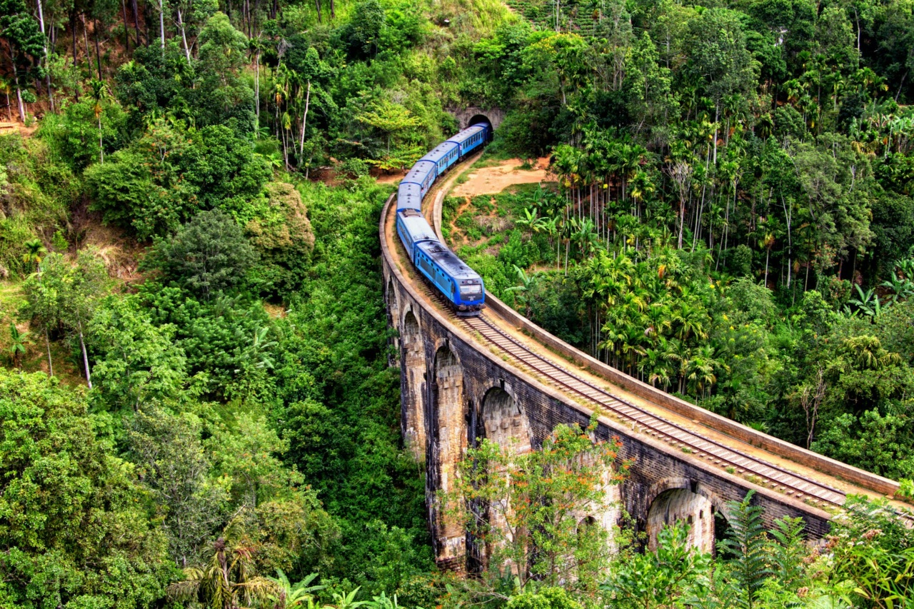 A blue train crossing the Nine Arch Bridge