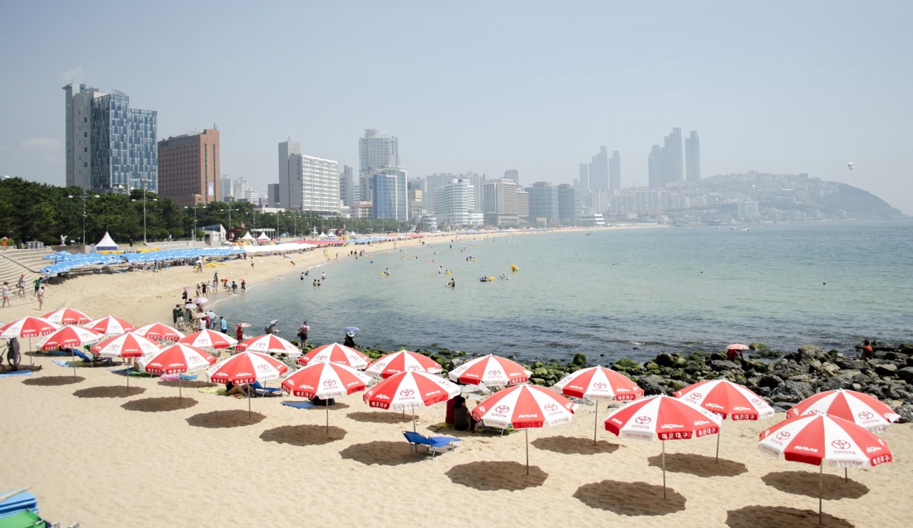 Haeundae Beach with its rows of beach umbrellas and the high-rises behind it