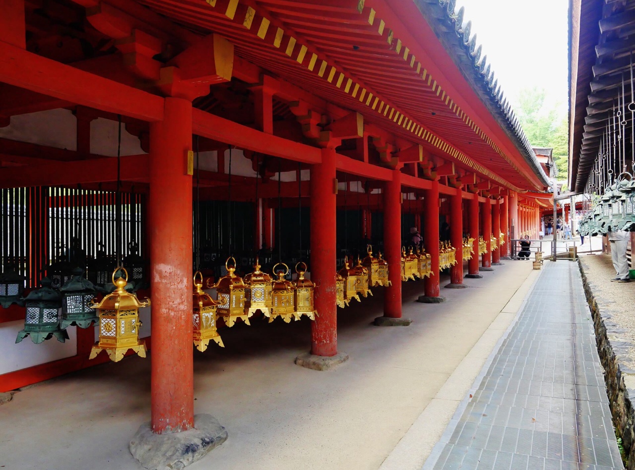 Hanging lanterns along a corridor of Kasugataisha