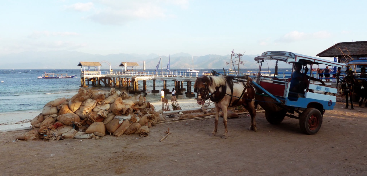A cidomo, the local horse-drawn cart, beside a pier on the Gili Islands
