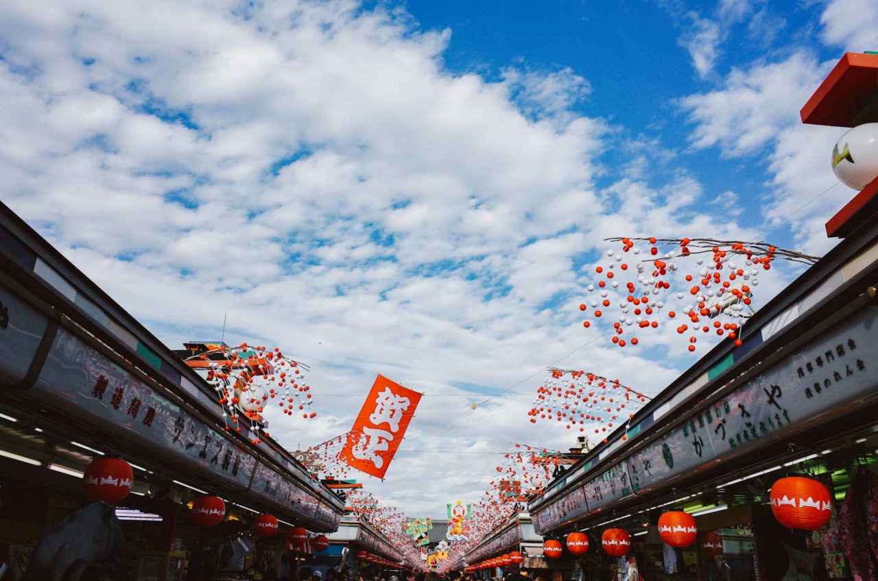 A shopping street with red lanterns near Sensoji in Asakusa