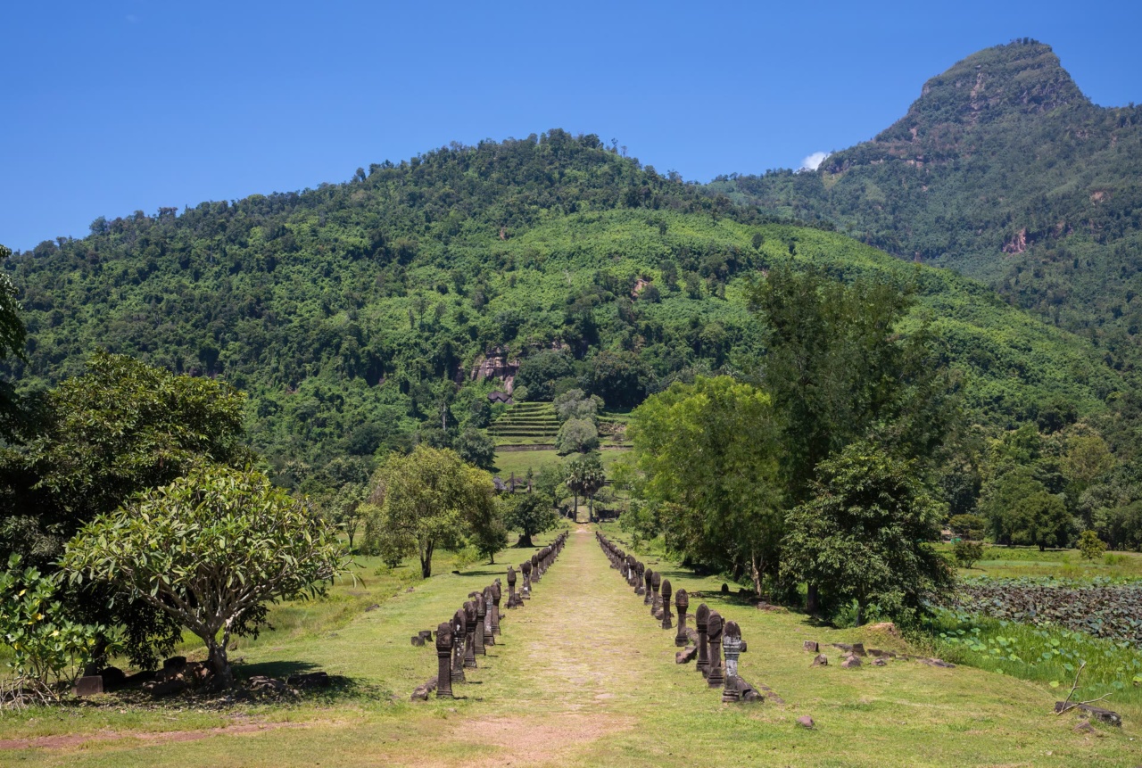 The path lined with stone pillars leading to the Vat Phou temple complex, with the mountain behind