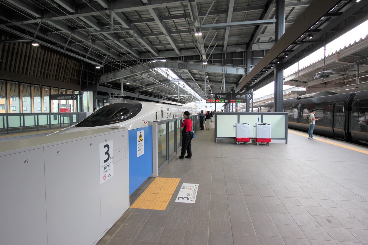 The platform at Takeo-onsen Station where the Shinkansen stops