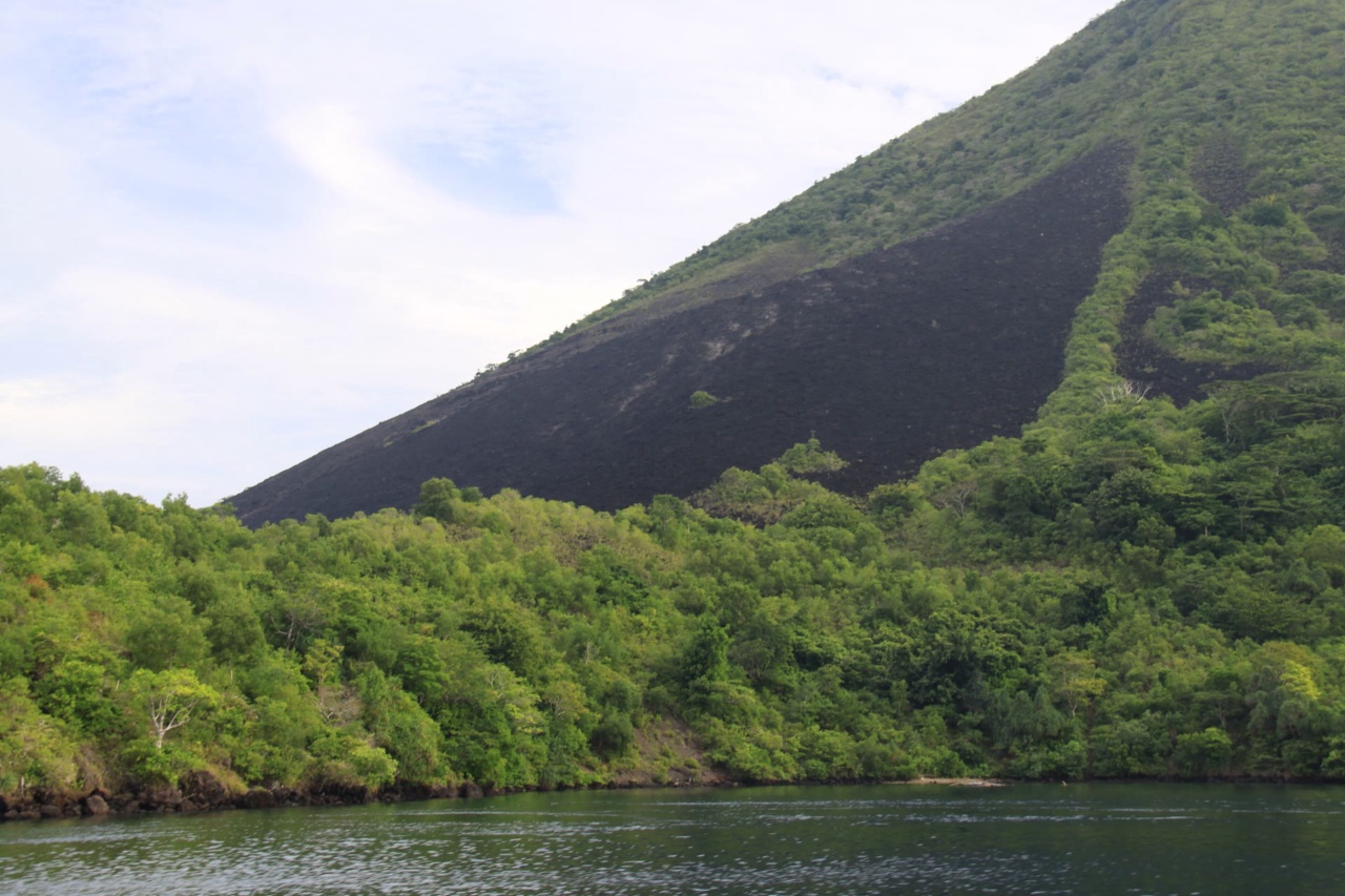 Le flanc sombre du volcan Gunung Api au-dessus d'une végétation verte