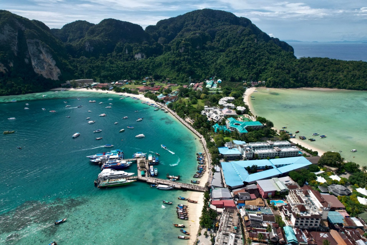 Aerial view of a village and bay on Phi Phi Don