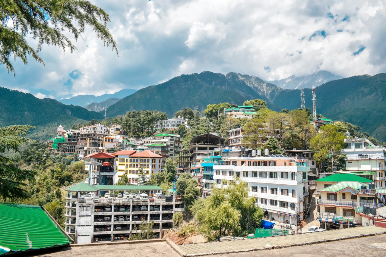 Maisons sur un versant boisé à McLeod Ganj, avec des montagnes en arrière-plan